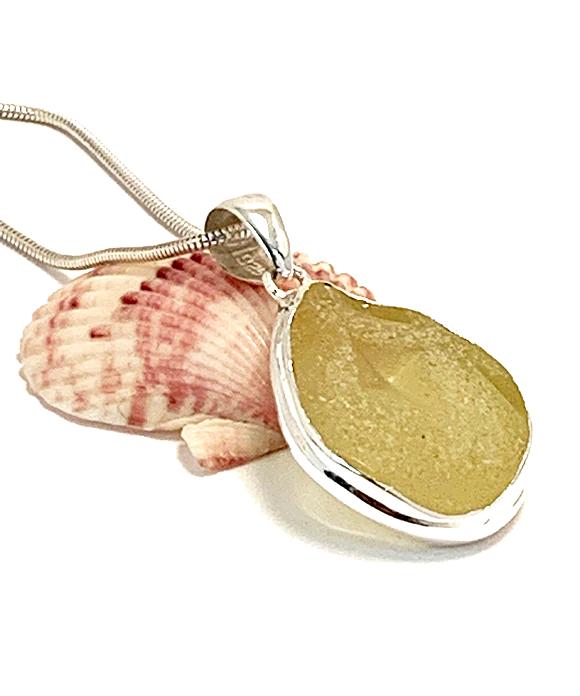 Textured Yellow Sea Glass Pendant on Silver Chain