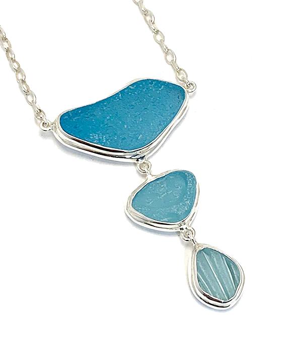 Shades of Aqua Sea Glass Triple Drop Necklace