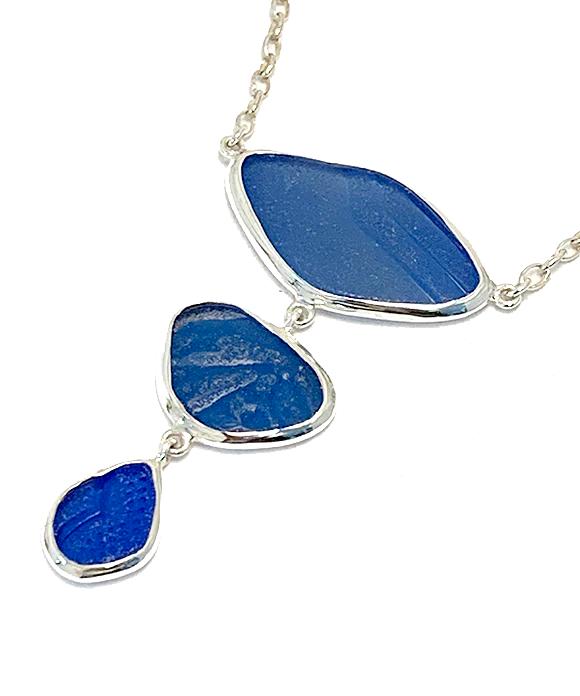 Textured Blue Sea Glass Triple Drop Necklace