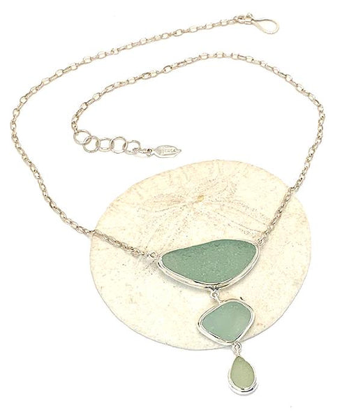 Shades of Coke Bottle Blue Sea Glass Triple Drop Necklace