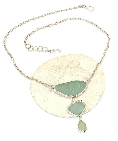 Shades of Coke Bottle Blue Sea Glass Triple Drop Necklace