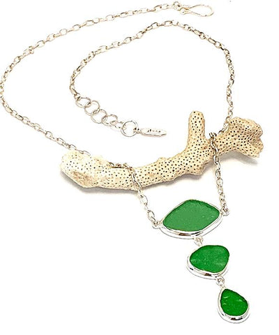 Textured Green Sea Glass Triple Drop Necklace