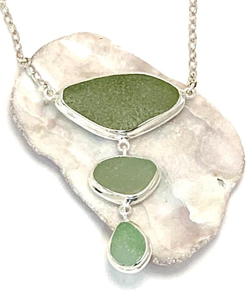 Light Olive, Sage and Mint Sea Glass Triple Drop Necklace