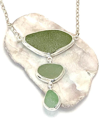 Light Olive, Sage and Mint Sea Glass Triple Drop Necklace