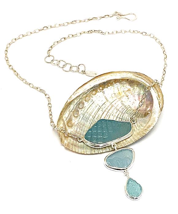 Shades of Textured Sky Blue Sea Glass Triple Drop Necklace