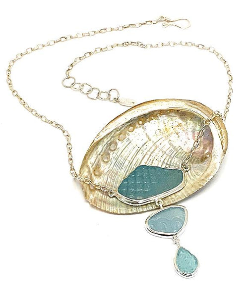 Shades of Textured Sky Blue Sea Glass Triple Drop Necklace