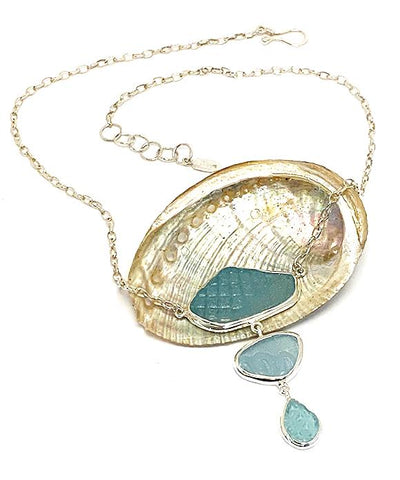 Shades of Textured Sky Blue Sea Glass Triple Drop Necklace