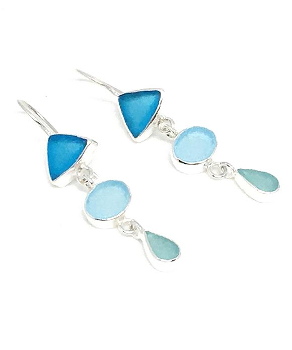 Turquoise, Sky Blue & Aqua Sea Glass Triple Drop Earrings