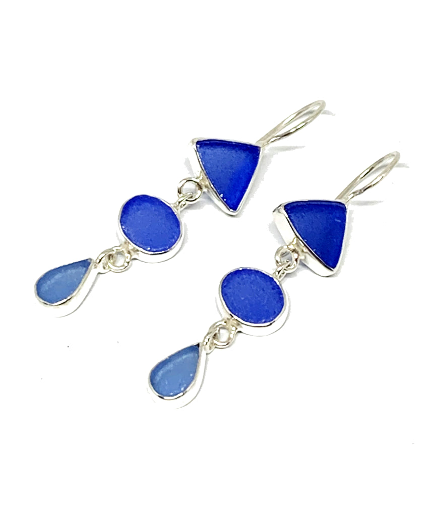 Shades of Blue Multi Shape Sea Glass Triple Drop Earrings