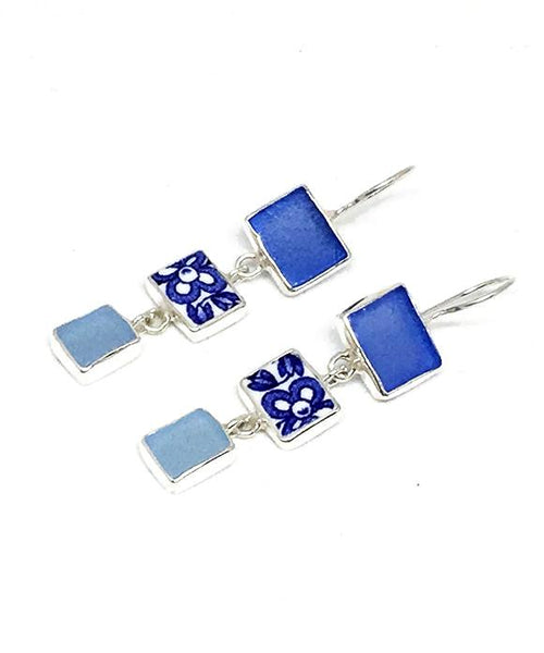 Cobalt & Aqua Sea Glass & Blue Floral Vintage Pottery Triple Drop Earrings