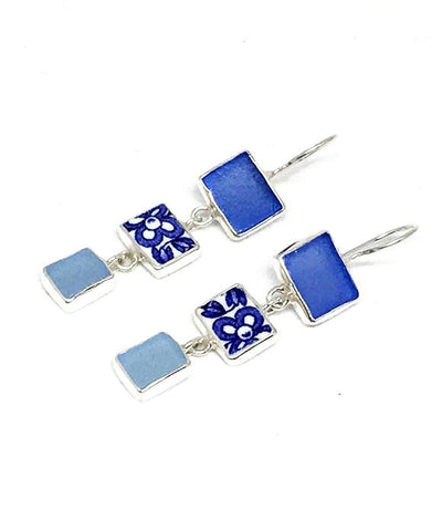 Cobalt & Aqua Sea Glass & Blue Floral Vintage Pottery Triple Drop Earrings