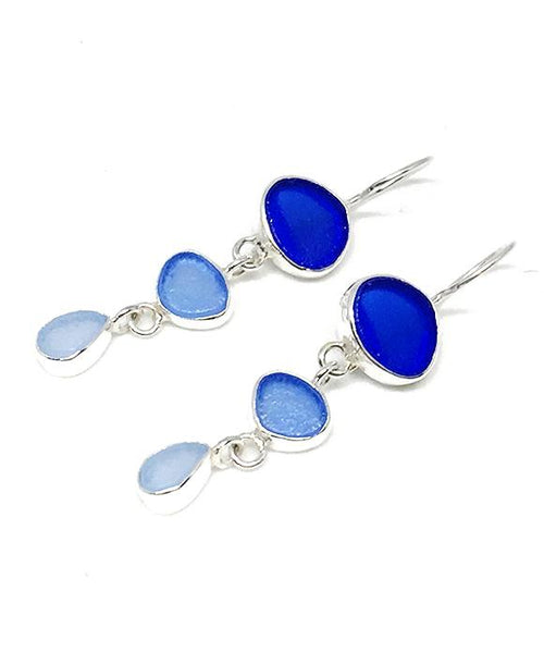 Cobalt, Denim and Cornflower Blue Sea Glass Triple Drop Earrings