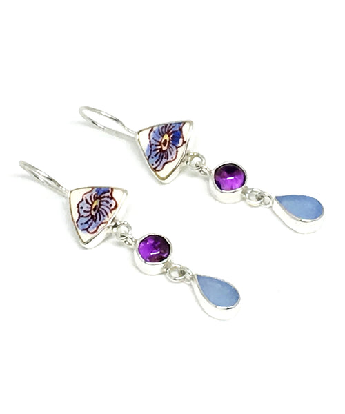 Blue & Red Vintage Pottery with Amethyst and Aqua Sea Glass Triple Drop Earrings