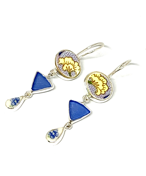Yellow & Blue Flower Vintage Pottery PIeces with Blue Sea Glass Triple Drop Earrings