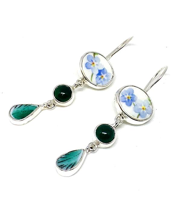 Blue Floral Vintage Pottery with Green Agate Triple Drop Earrings