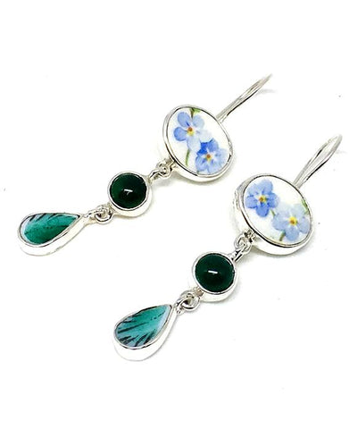 Blue Floral Vintage Pottery with Green Agate Triple Drop Earrings