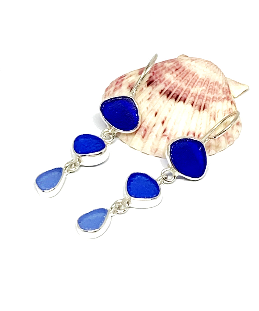 Shades of Blue Natural Shape Sea Glass Triple Drop Earrings