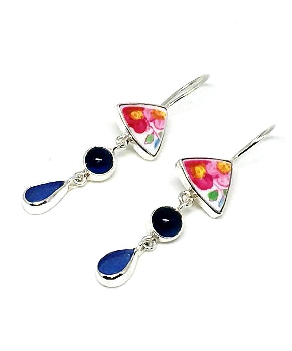 Pink Floral Vintage Pottery & Blue Sea Glass with Blue Agate Triple Drop Earrings