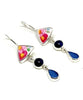Pink Floral Vintage Pottery & Blue Sea Glass with Blue Agate Triple Drop Earrings