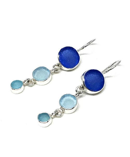 Cobalt, Soft Aqua & Turquoise Sea Glass Triple Drop Earrings