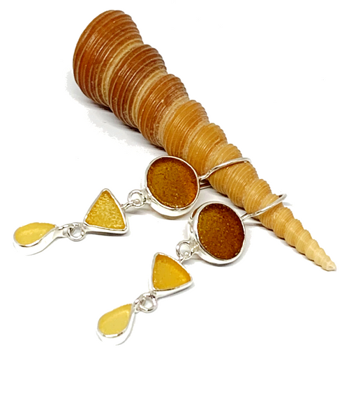 Brown & Amber Multi Shape Sea Glass Triple Drop Earrings