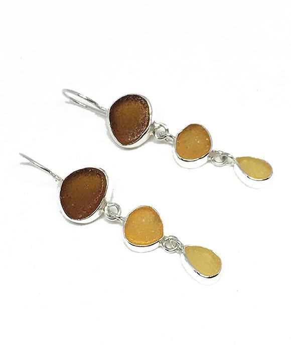 Brown, Amber & Yellow Sea Glass Triple Drop Earrings