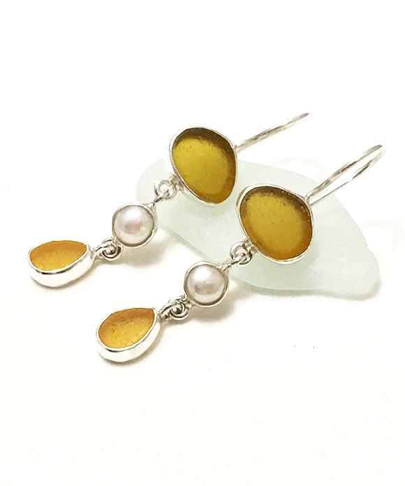 Brown and Amber Sea Glass with White Pearl Triple Drop Earrings