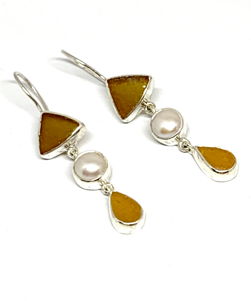 Brown, Pearl and Amber Sea Glass Triple Drop Earrings