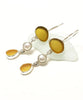 Brown and Amber Sea Glass with White Pearl Triple Drop Earrings