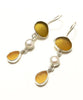 Brown and Amber Sea Glass with White Pearl Triple Drop Earrings