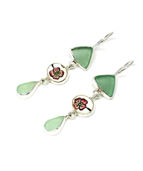 Soft Green Sea Glass & Cherry Blossom Vintage Pottery Triple Drop Earrings