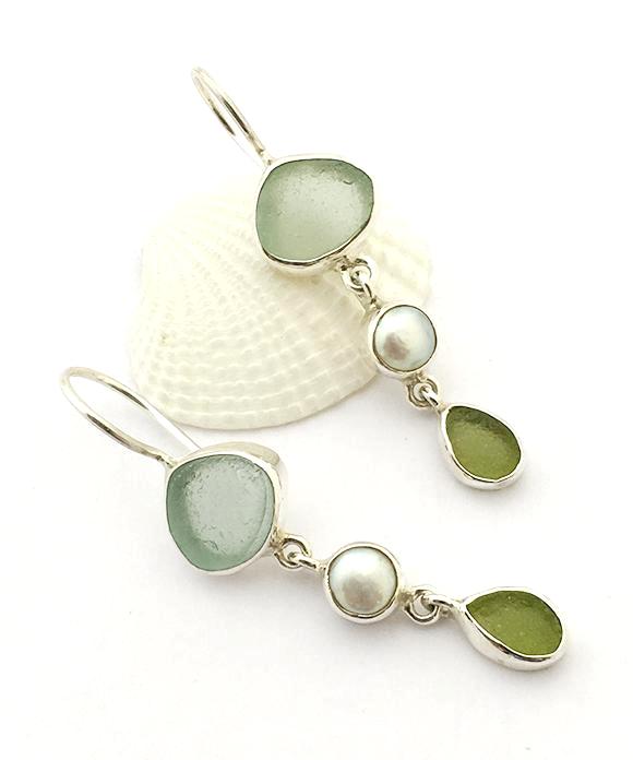 Coke Blue and Olive Sea Glass with White Pearl Triple Drop Earrings
