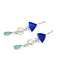 Blue and Aqua Sea Glass with White Pearl Triple Drop Earrings