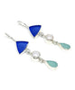 Blue and Aqua Sea Glass with White Pearl Triple Drop Earrings