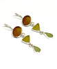 Brown, Yellow & Soft Green Multi Shape Sea Glass Triple Drop Earrings