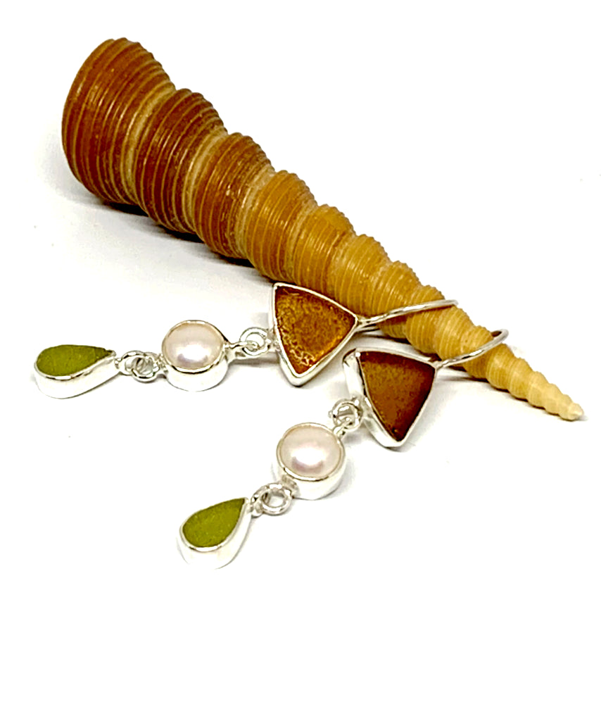 Brown, Pearl and Olive Green Sea Glass Triple Drop Earrings