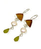 Brown, Pearl and Olive Green Sea Glass Triple Drop Earrings