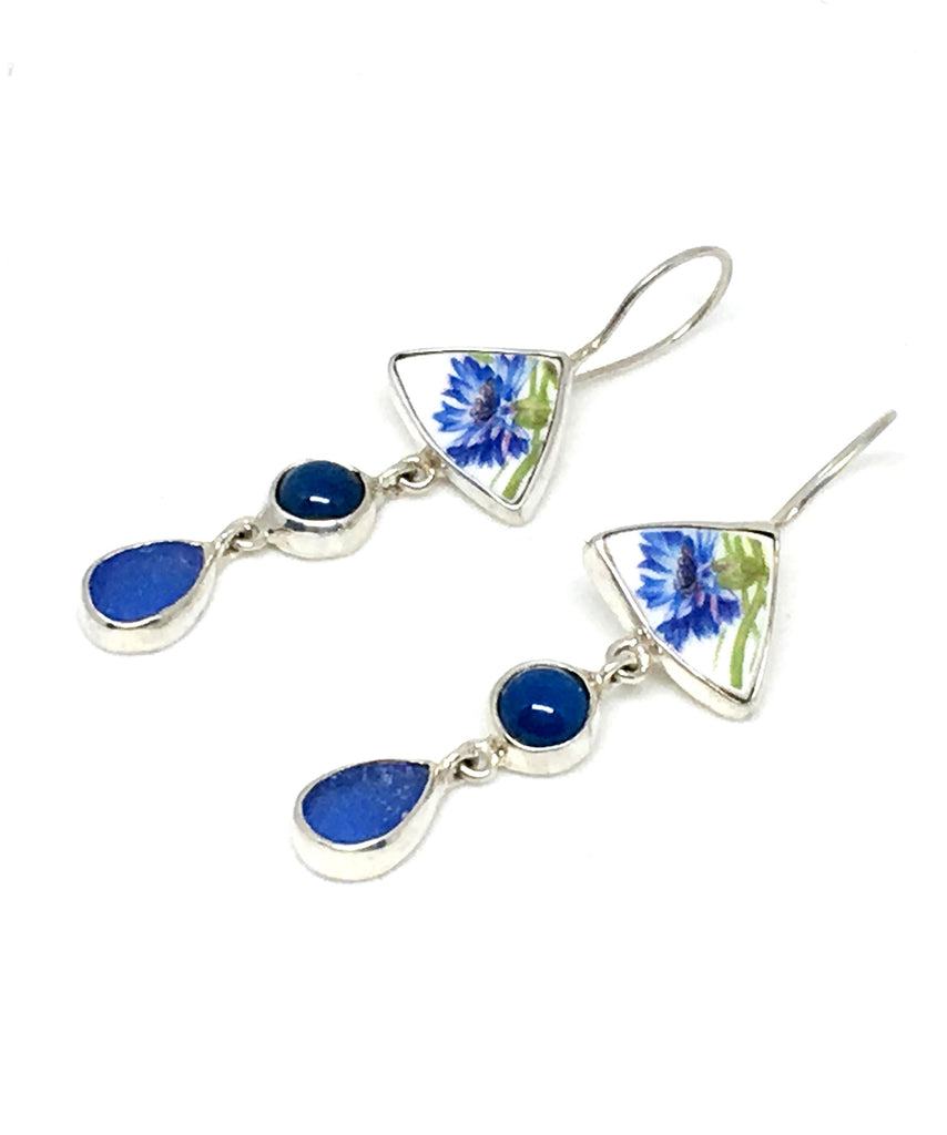 Blue Floral Vintage Pottery with Blue Agate and Sea Glass Triple Drop Earrings