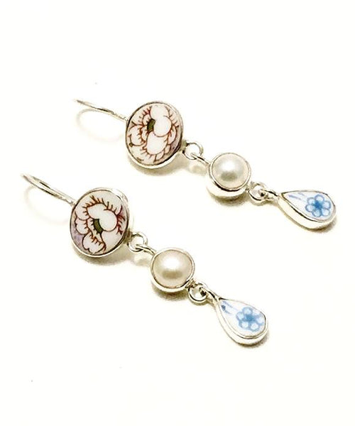 Soft Brown and Blue Floral Vintage Pottery with Pearl Triple Drop Earrings