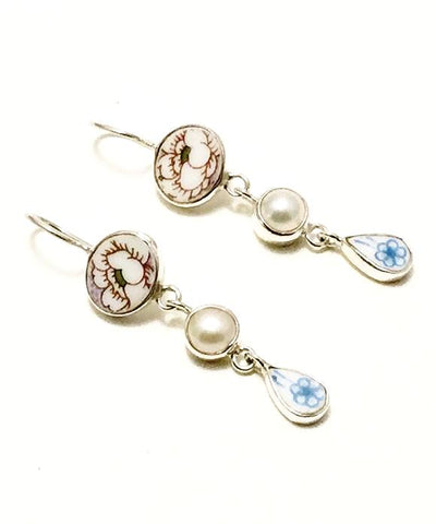 Soft Brown and Blue Floral Vintage Pottery with Pearl Triple Drop Earrings