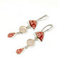 Red & White Vintage Pottery & Pink Sea Glass Triple Drop Earrings