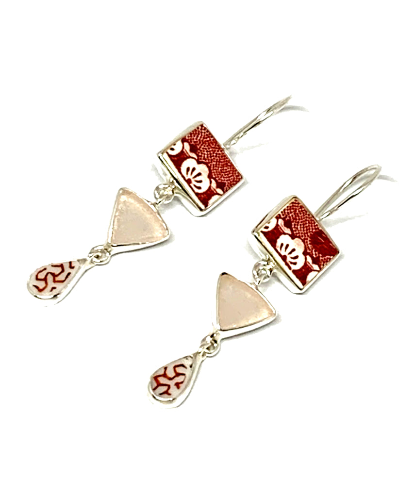 Red & White Patterned Vintage Pottery & Pink Sea Glass Triple Drop Earrings