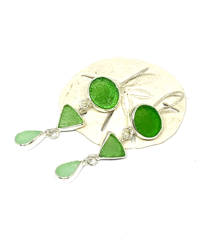 Shades of Green Multi Shape Sea Glass Triple Drop Earrings