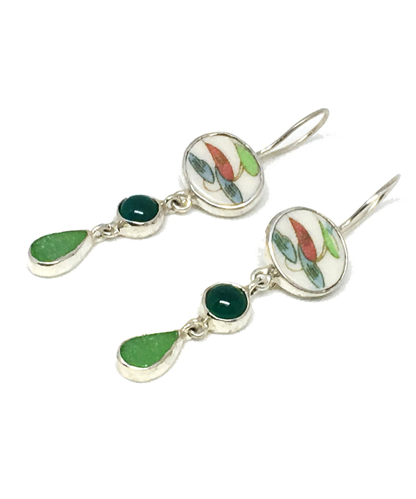 Green & Red Vintage Pottery with Green Agate and Sea Glass Triple Drop Earrings