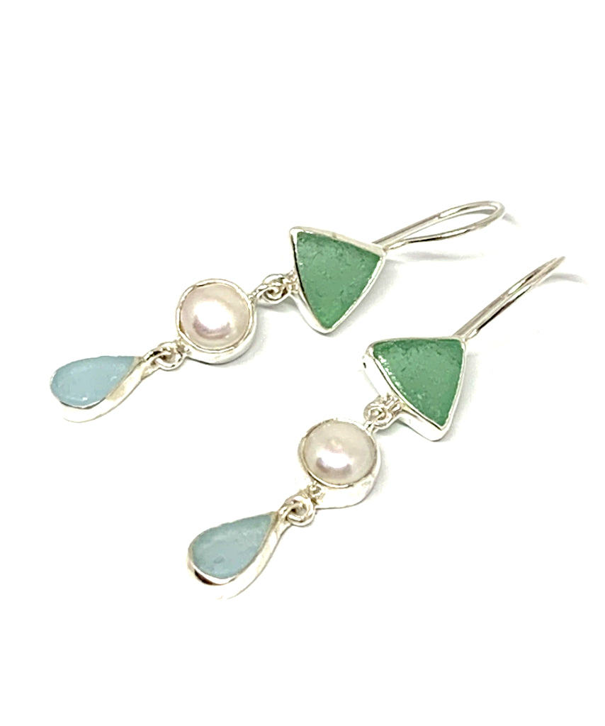 Green & Aqua Sea Glass with Pearl Triple Drop Earrings