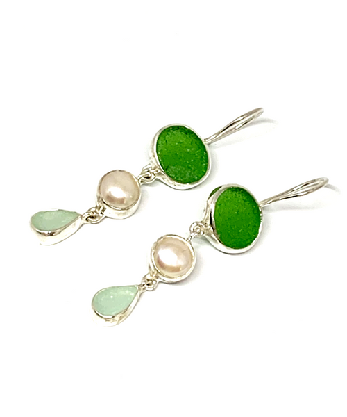 Green & Light Aqua Sea Glass with Pearl Triple Drop Earrings