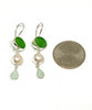 Green & Light Aqua Sea Glass with Pearl Triple Drop Earrings
