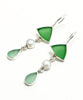 Green and Aqua Sea Glass with White Pearl Triple Drop Earrings