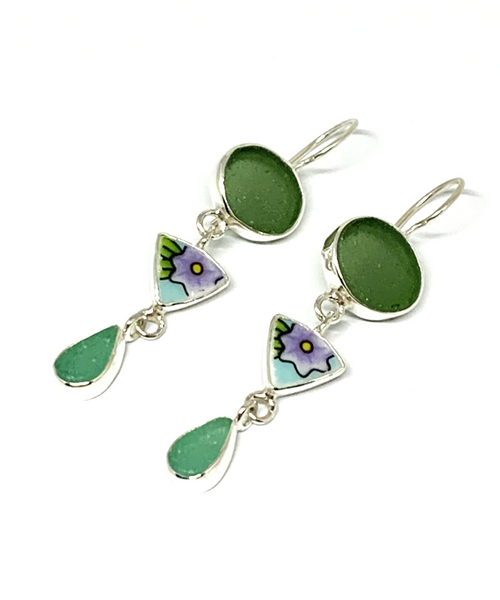 Dark Olive & Turquoise Sea Glass with Bold Floral Vintage Pottery Triple Drop Earrings
