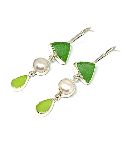 Green & Light Green Sea Glass with Pearl Triple Drop Earrings